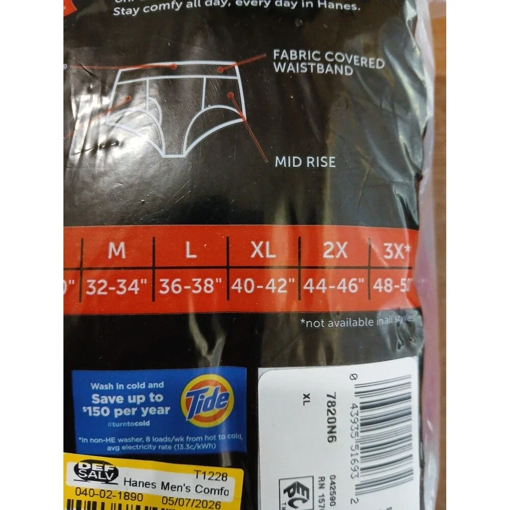 Hanes Men's 6-Pack Tagless No Ride Up Briefs X-Large Assorted Solids 6-pack New